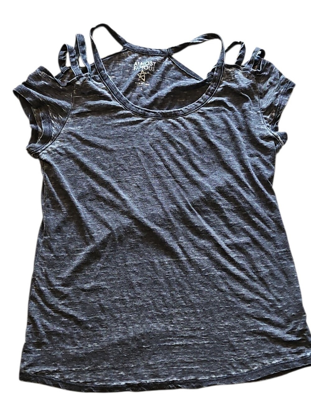 Women’s Strappy Cold-Shoulder Tee Charcoal Burnout Distressed Gray Size Large